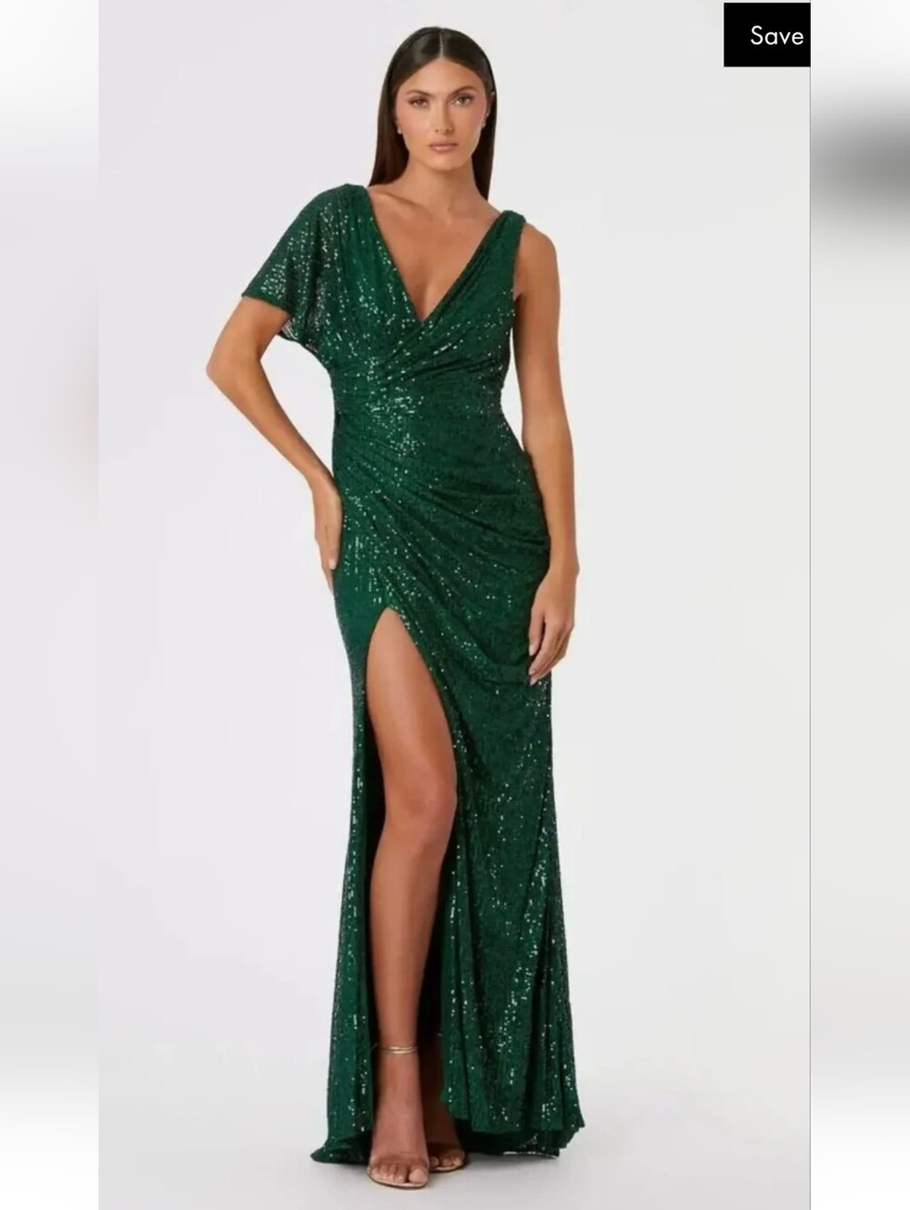Mac Duggal 26988 Green Sequined Asymmetrical Draped Trumpet Gown
